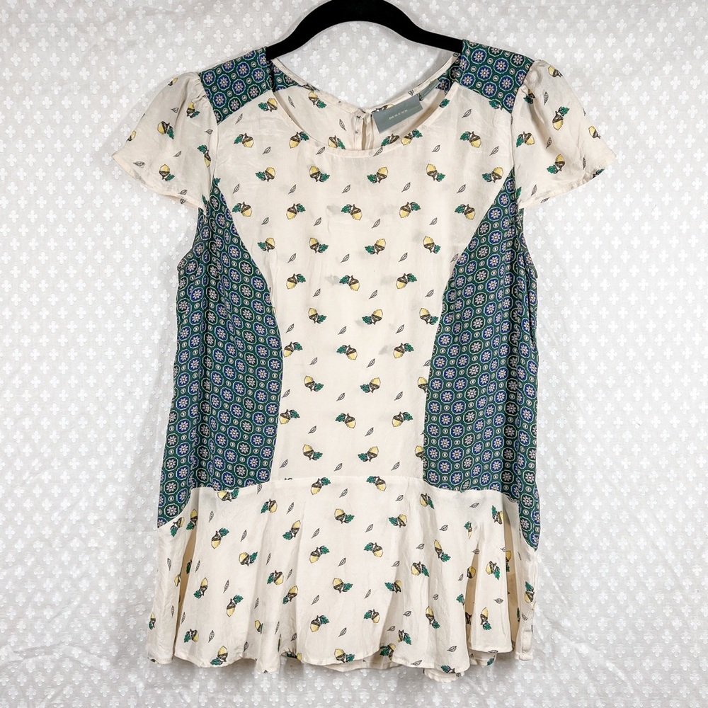 Anthropologie Maeve Cream‎ Teal Acorn Floral Silk Top